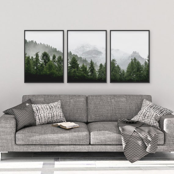 Digital Prints Set of 3 Forest Landscape Wall Art Blue Mountains Wall