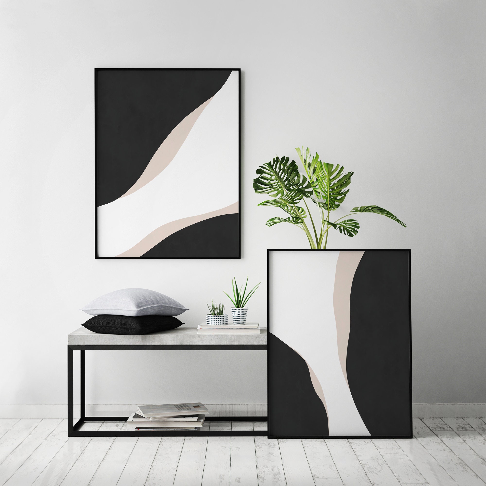 2 Piece Black and White Abstract Minimalistic Modern Large Wall Art ...
