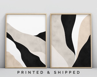 2 Piece Art Prints, Abstract Poster Set, Bedroom Wall Art, Black Beige Wall Art, Living Room Art, Neutral Minimalist Contemporary Large Art