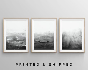 3-teiliges Kunstwerk, Schwarz Weiß, Große Wandkunst, Abstrakte Kunst Drucke, Grau Weiß Aquarell Malerei, Monochromes Kunstwerk