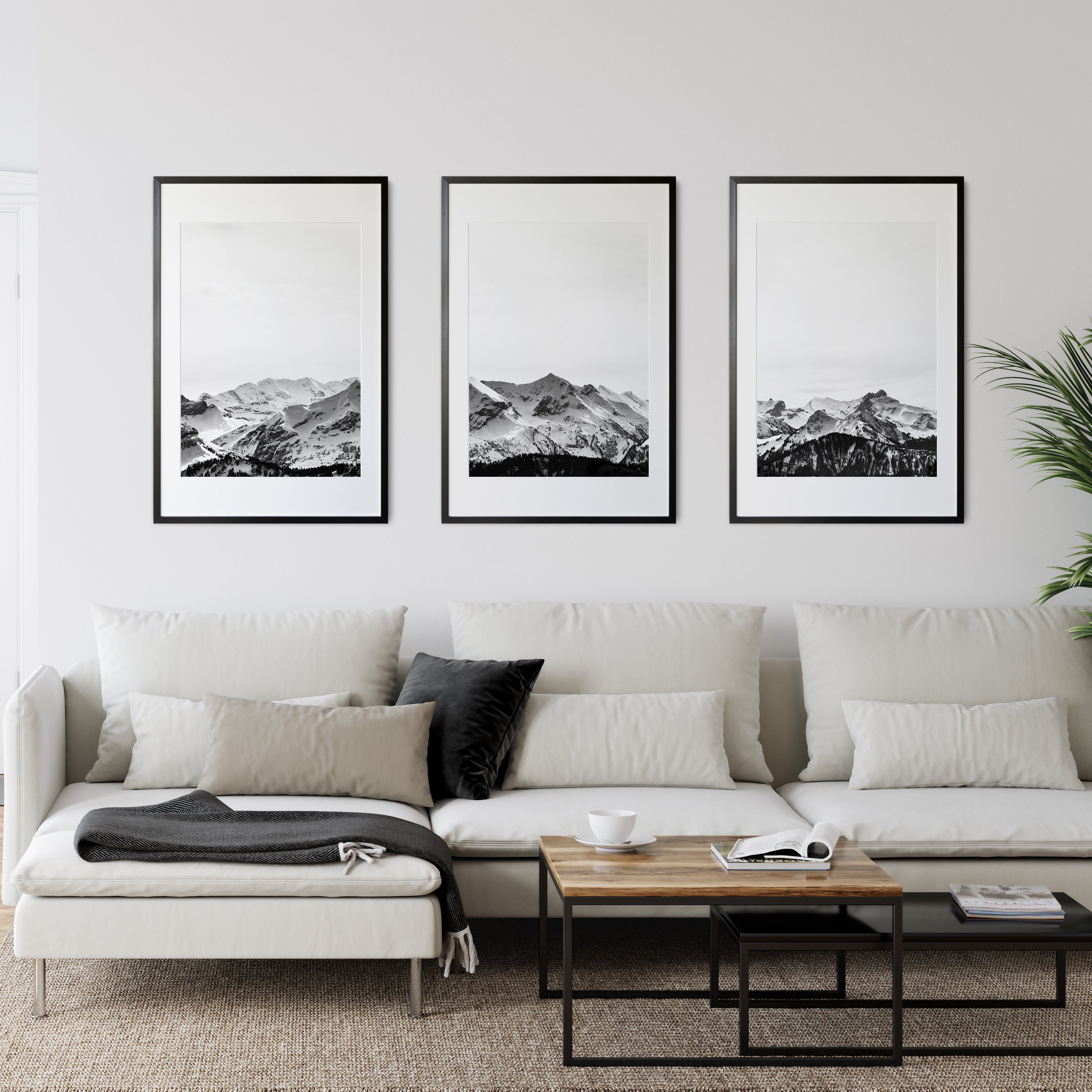 Black White Wall Art, Mountain Art Print, Set of 3 Prints, Mountain ...