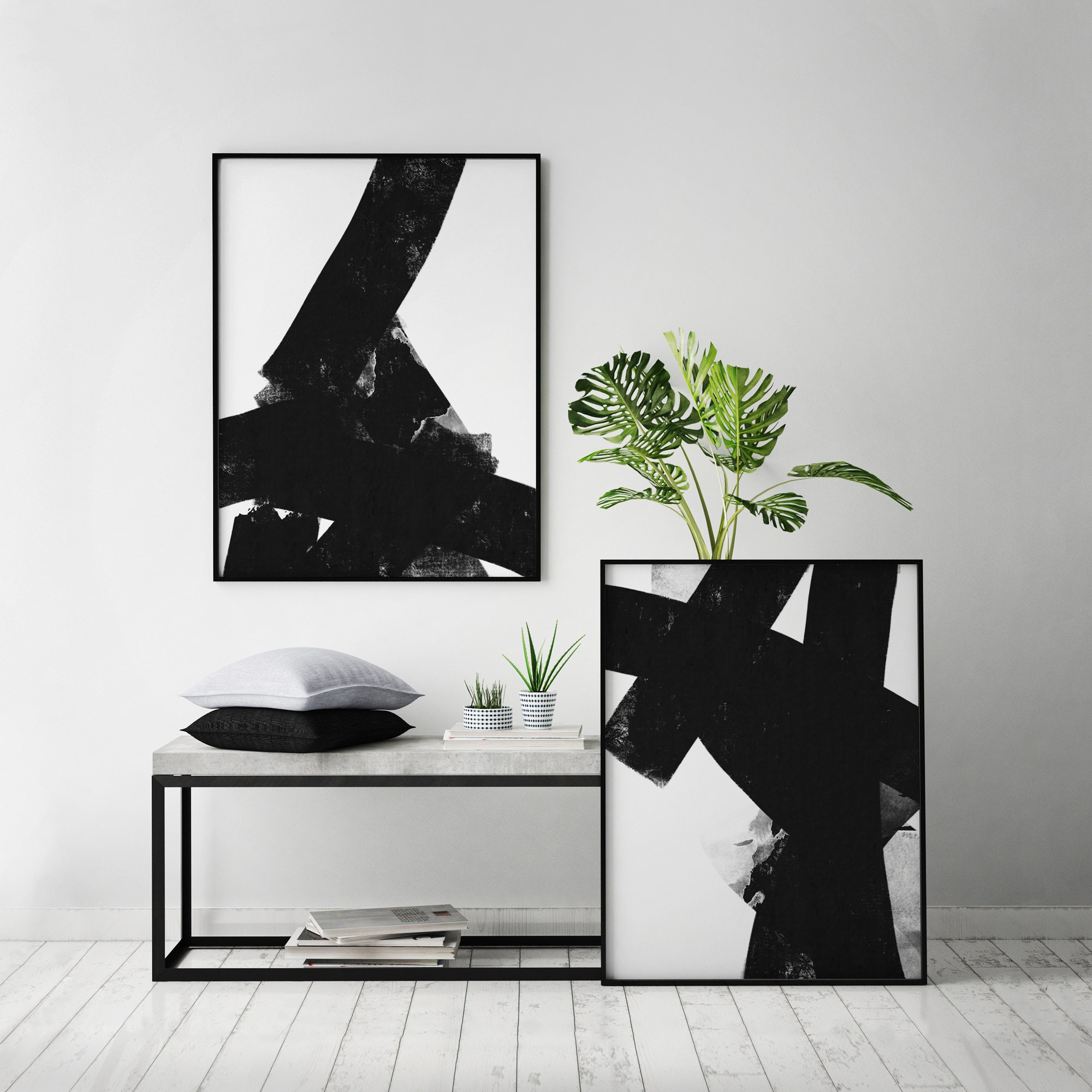 Set of 2 Piece Abstract Black and White Minimalistic Modern Large Brush ...