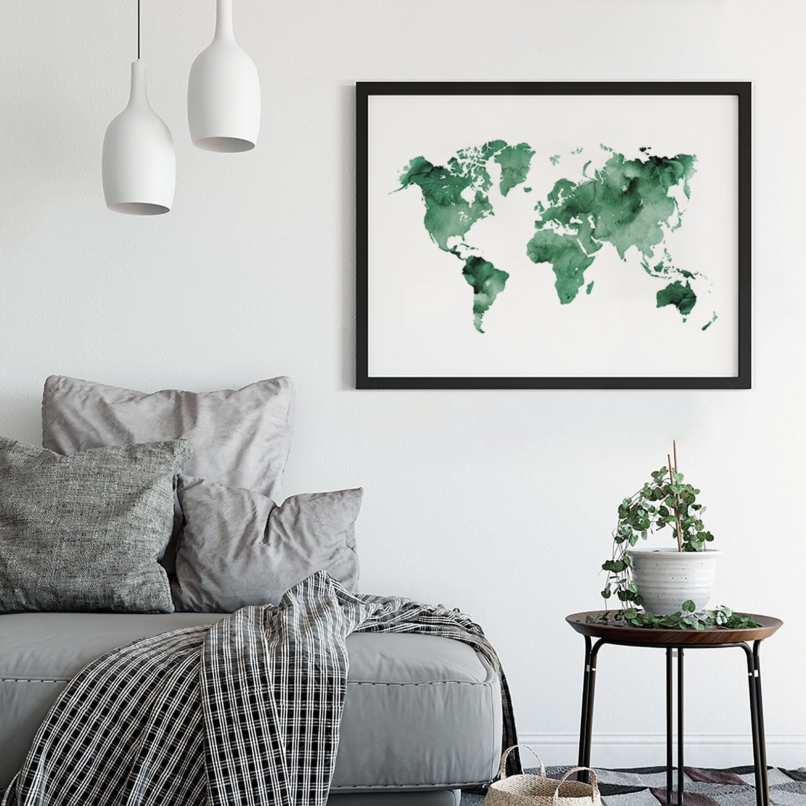 Dark Forest Green World Map Poster Print Abstract Sage | Etsy
