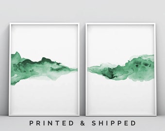 Emerald Green Set of 2 Prints, 2 Piece Forest Green Wall Art, Abstract Art Poster Modern Bedroom Large Watercolour Print Set Inkwash Minimal