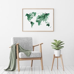 Dark Forest Green World Map Poster Print Abstract Sage - Etsy