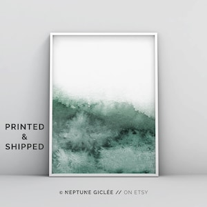 Abstract Sage Green Watercolor Wall Art, Minimalistic Modern Emerald Jade Dark Green Ink Wall Art Poster Print, Contemporary Rustic Green
