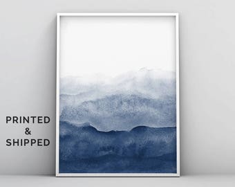 Indigo aquarelprint, aquarel muurkunst print, abstract schilderij, modern minimalistisch, marineblauw decor, donkerblauw, inkt, kunst aan de grote muur