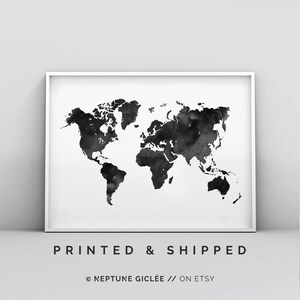 Carte du monde noir et blanc, art mural carte du monde, affiche carte du monde, aquarelle, impression carte du monde, impression scandinave, carte affiche art minimaliste