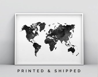 Carte du monde noir et blanc, art mural carte du monde, affiche carte du monde, aquarelle, impression carte du monde, impression scandinave, carte affiche art minimaliste
