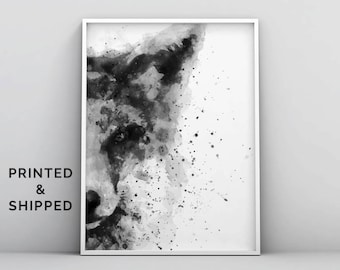 Fox print, aquarel, schilderij, Woodlands kinderkamer kunst aan de muur, zwart wit grijs decor, kinderkamer poster, bos dier, modern, splatter kunst