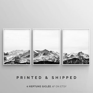 Black White Wall Art, Mountain Art Print, Set of 3 Prints, Mountain Poster, 3 Piece Wall Art, Landscape Prints, Snow Mountain Art, Nature