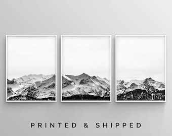 Arte de pared en blanco y negro, impresión artística de montaña, juego de 3 impresiones, póster de montaña, arte de pared de 3 piezas, impresiones de paisajes, arte de montaña nevada, naturaleza