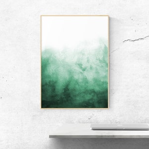 Puede incluir: Una pintura abstracta de acuarela enmarcada con un degradado de tonos verdes, pasando de un verde claro en la parte superior a un verde oscuro en la parte inferior.