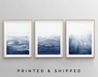 Navy Blue Wall Art, Blue Abstract Wall Art, Blue Wall Art, Watercolor Prints, Modern Wall Art, 3 Piece Wall Art, Blue and White Art, Ombre