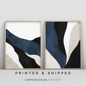 Large Wall Art, 2 Piece Wall Art, Abstract Wall Art, Minimalist Wall Art, Ocean Prints, Beach Wall Art, Set of 2 Navy Dark Blue Wall Art