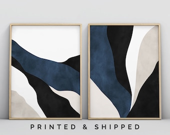 Grote muurkunst, 2-delige muurkunst, abstracte muurkunst, minimalistische muurkunst, oceaanprints, strandmuurkunst, set van 2 marine donkerblauwe muurkunst