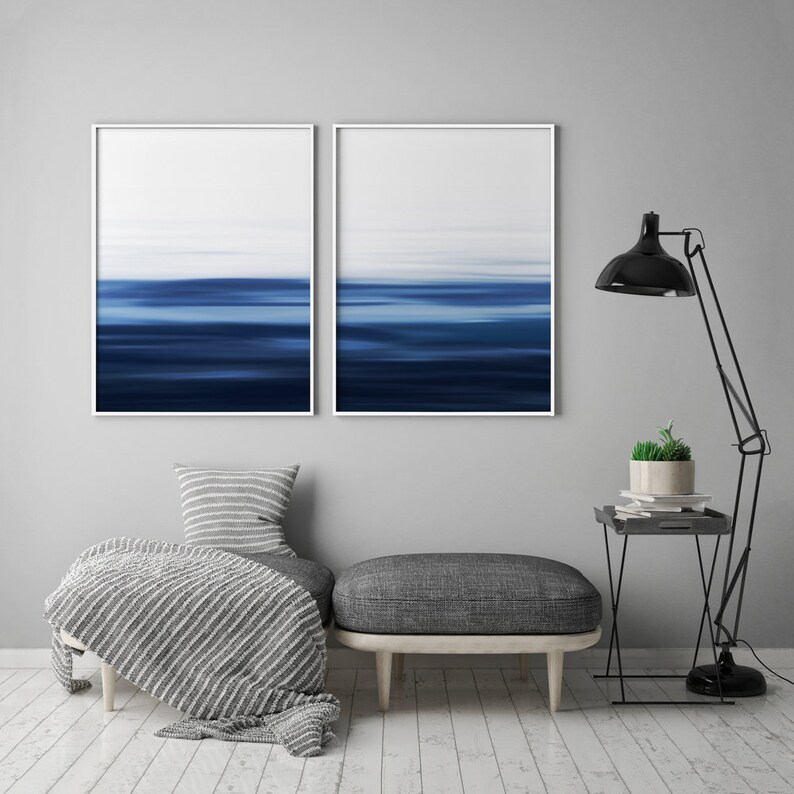Set of 2 Ocean Painting Wall Art Navy Blue Wall Art Seascape - Etsy