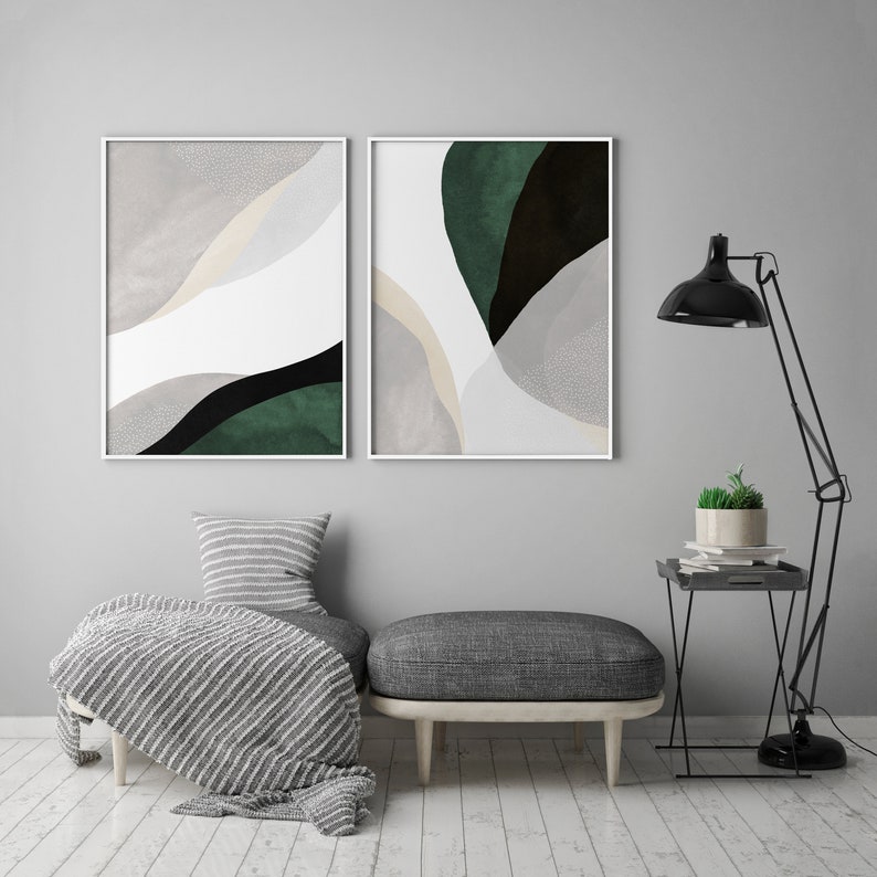 Green Wall Art, Abstract Poster Set, 2 Piece Art Prints, Large Wall Art, Sage Forest Green Living Room Art, Minimalist Contemporary Modern image 5