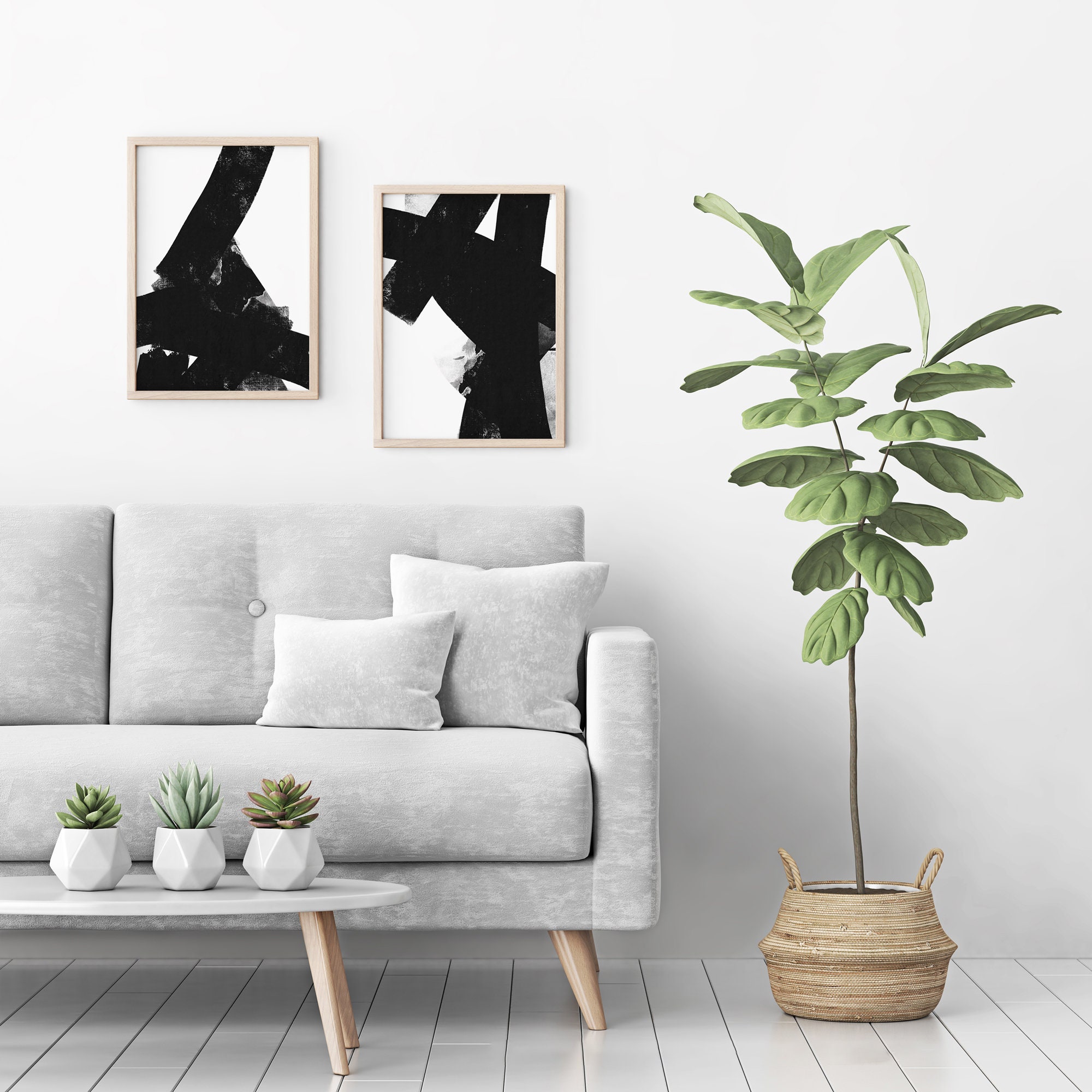 Set of 2 Piece Abstract Black and White Minimalistic Modern Large Brush ...