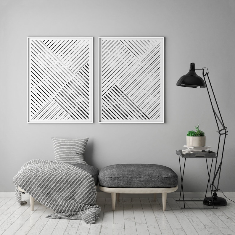 Juego de 2 impresiones de arte de pared minimalista, arte geométrico, arte escandinavo, póster escandinavo, póster abstracto moderno, arte lineal en blanco y negro imagen 2