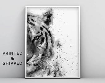 Tijgerprint, tijger aquarel, tijger schilderij, abstract, kunst aan de muur kinderkamerdieren, safari decor, zwart-wit, moderne poster, wildernis