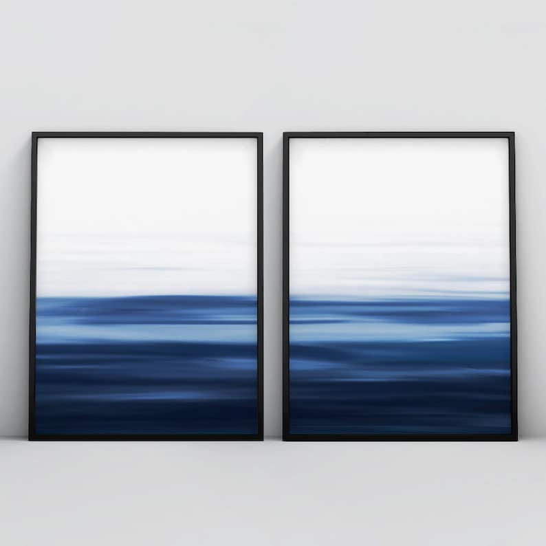 Set of 2 Ocean Painting Wall Art Navy Blue Wall Art Seascape Etsy