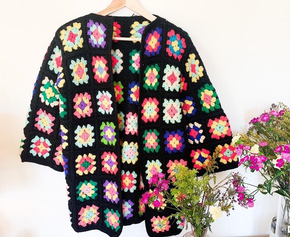70's Square Crochet Cardigan - Afghan Coat - Patc