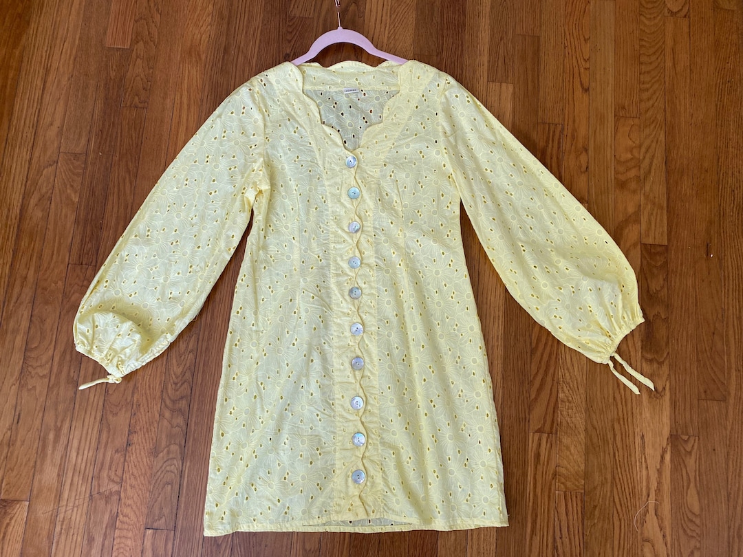 70s Yellow Floral Cotton Lace Dress Mini Shirt Dress With Balloon