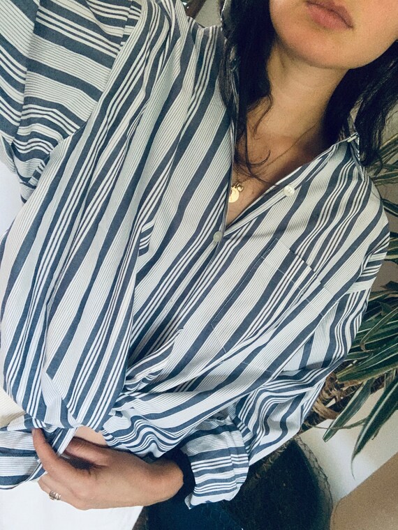 90s Stripe shirt - Cotton popeline shirt- Blue str