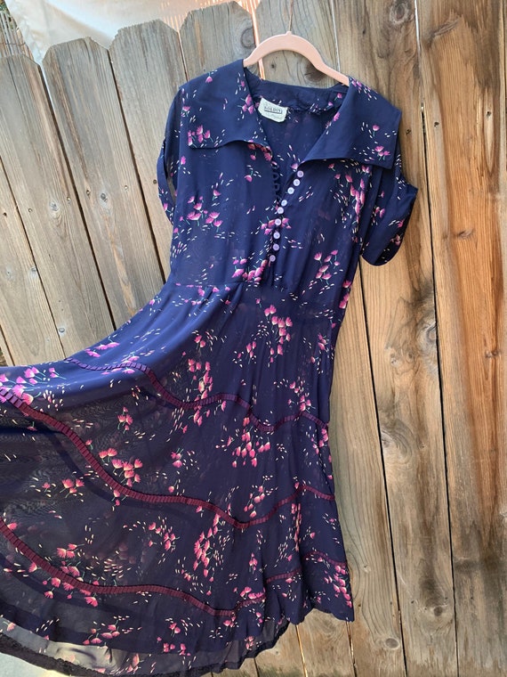 30s Silk floral dress/navy sheer floral dress/pink