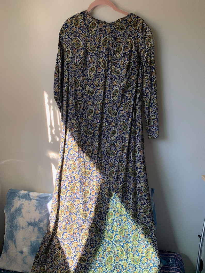 Long sleeves Maxi dress- Prairie dress- Cotton long dress round collar 70/'s Blue paisley Cotton Maxi dress Size S
