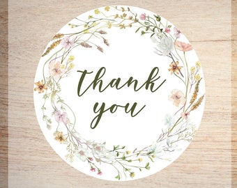 Thank you Sticker • Party Favor Label • Wedding Favor • Baby Shower Favor • Bridal Shower • Floral Wreath Sticker • Round Packaging Label