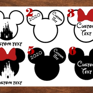 May include: Six black and white Mickey Mouse head silhouette designs with customizable text. The designs include a castle, a bow, and the year 2020.