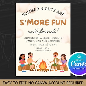 以下が含まれることがあります： Relief Society S'more Bar and Campfireイベントのチラシ。デザインは、キャンプファイヤーの周りにいる子供たちの漫画イラストで、「Summer Nights are S'more Fun with friends!」と「Instant Canva Download」のテキストが含まれています。