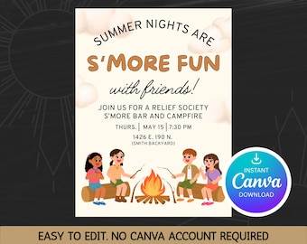 S'more Bar Canva Invitation Editable Template – Digital Download, Printable Party Invite, Relief Society Activity, No Physical Item