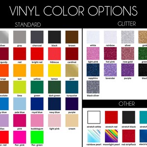 Pu&ograve; includere: Un grafico che mostra le opzioni di colore del vinile per un progetto artigianale. Il grafico &egrave; diviso in tre sezioni: Standard, Glitter e Altro. Ogni sezione ha una griglia di campioni di colore con il nome del colore corrispondente sotto ogni campione.