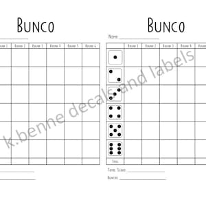 May include: A printable Bunco scorecard with two columns for players. Each column has a section for dice rolls and a section for scoring. The dice rolls are represented by a series of six dice with different numbers of dots.