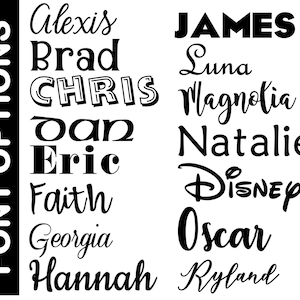 May include: A black and white image showing a list of names in different fonts. The names are: Alexis, Brad, Chris, Dan, Eric, Faith, Georgia, Hannah, James, Luna, Magnolia, Natalie, Disney, Oscar, and Ryland.