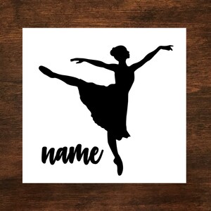 May include: Black silhouette of a ballerina in a dance pose with the word "name" below.