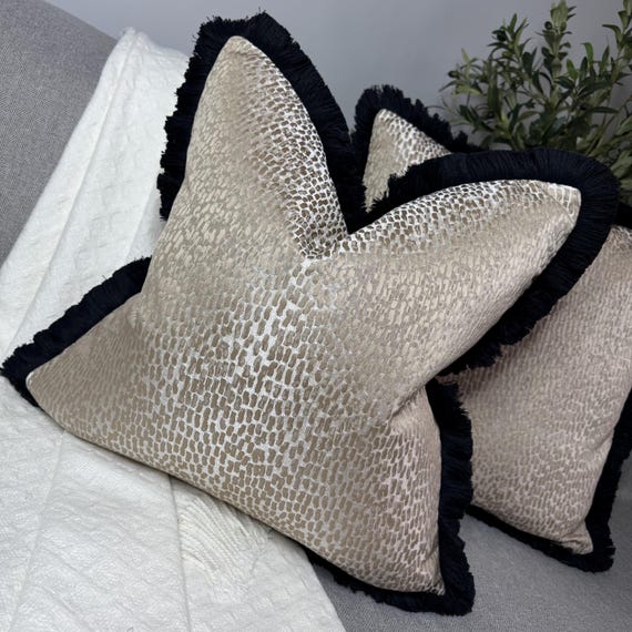 Champagne Fringe Cushion Cover – Antelope Fabric, Black Trim, Handmade Luxury Accent, UK Made