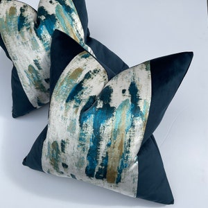 Lagoon Luxury Cushion Pillow Cover For Sofa Bed or Throw. Navy Teal Ochre White Abstract Velvet Touch Designer Fabric High Quality Handmade