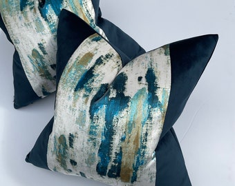Lagoon Luxury Cushion Pillow Cover For Sofa Bed or Throw. Navy Teal Ochre White Abstract Velvet Touch Designer Fabric High Quality Handmade