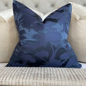 Navy Cushion Cover, Decorative Sofa Pillow Cover - Navy Jacquard John Lewis & Partners Fabric Fougere Made in UK,  Double Sided, Tree Design