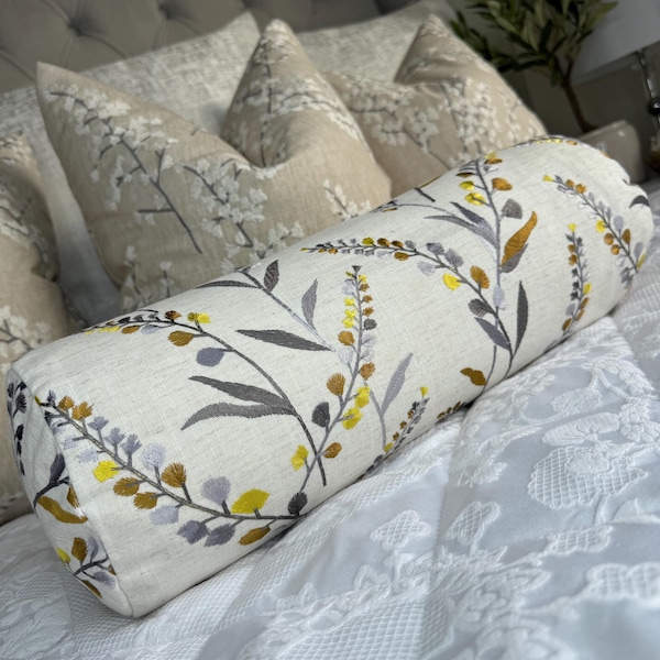Embroidered Leaf Trail Decorative Bolster Cushion 16” x 6” - Natural Yellow Home Decor