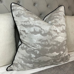 Luxury Cushion Cover 16", Pillow Cover Contrasting Black Piping Designer Ashley Wilde NIMBUS Fabric, Clouds -  Silver  - GreyLuxury Interior