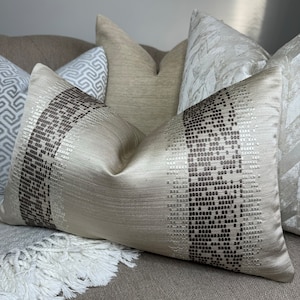 Geometric Embroidered Design Cushion Cover Taupe / Mink / Brown Throw Pillow Cover - 12 x 20 in Handmade Double Sided