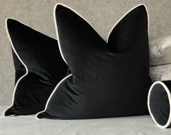 Black and White Cotton Velvet Piped Cushion Cover - Double Sided - Luxury Monochrome Home Interior - Instagram Choice! Luxury Pillow Cover