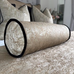 Bolster Cushion Gold / Black Velvet Piping / Piped Cushion 16&quot; x 6&quot; / Sofa Bed Accent Cushion / Luxury Bedding / DIANA Gold