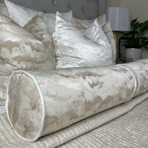 Nimbus Gold Cushion Bolster 16” x 6&quot;,  Duck Feather Cushion - Contrasting Ivory Piping Designer Ashley Wilde Made To Order Cover and Cushion