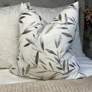Leaf Trail Cushion Cover, Pillow Cover Throw John Lewis Langley Leaf Furnishing Fabric, Gold-Grey- White - Embroidered Leaves / Double Sided